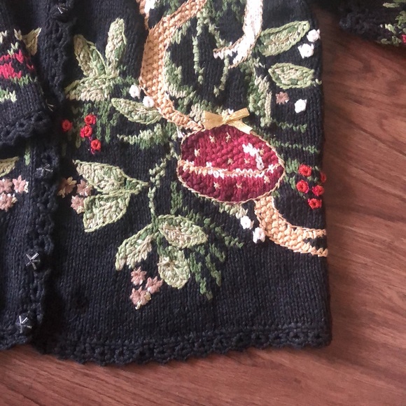 Vintage Tiara Knit Holiday Cardigan Sweater Button Front Ribbon Beads Large L - Picture 9 of 16